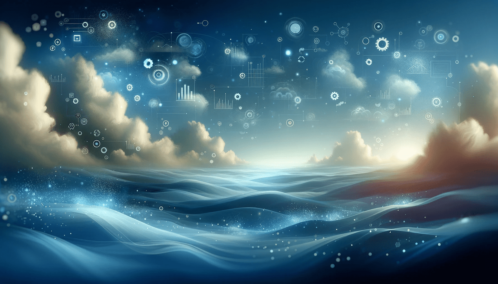 Surreal digital landscape with waves of blue data, floating technological icons, and glowing clouds against a serene horizon.