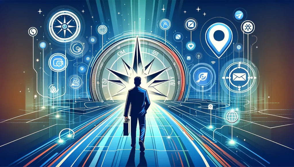 Businessman with briefcase standing before a vibrant compass and futuristic digital interface representing marketing strategies and online navigation tools.