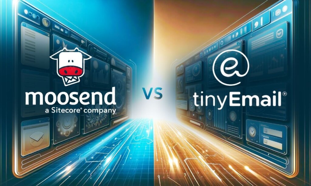 Moosend versus TinyEmail visual comparison for email marketers highlighting their features and benefits in a digital landscape