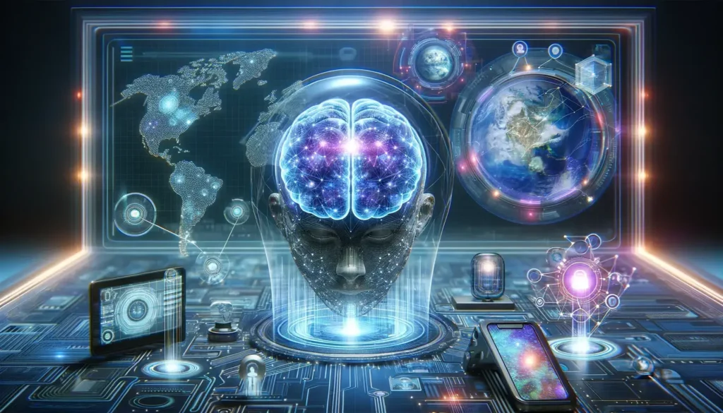 Futuristic representation of AI in digital marketing with a brain-like hologram, global connectivity, and virtual interfaces, symbolizing cutting-edge marketing technology