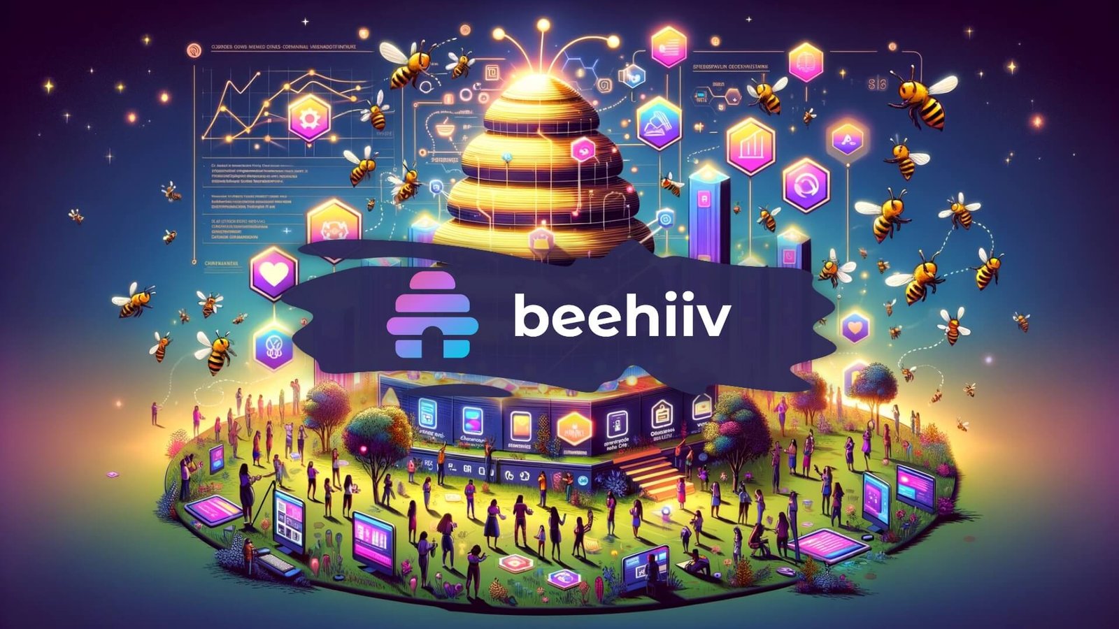 Digital landscape featuring interactive Beehiiv platform elements for an in-depth Beehiiv review.