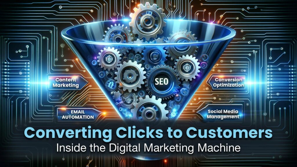 Illustration of a digital marketing sales funnel with interconnected gears labeled SEO, content marketing, email automation, and social media engagement.