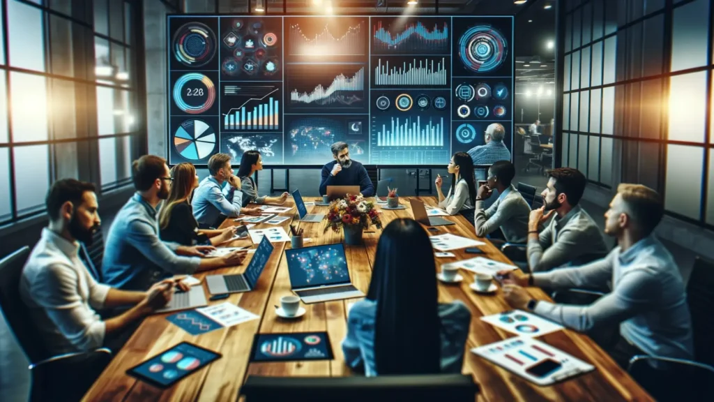 A team of digital marketing professionals analyzing data and strategizing in a high-tech conference room, focusing on optimizing digital marketing sales funnels.