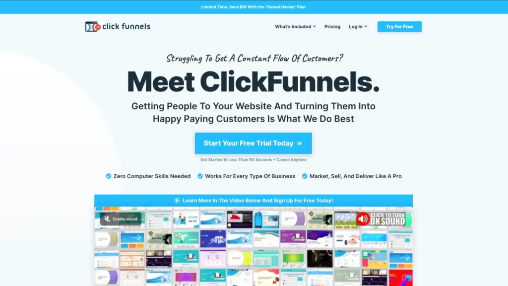 Screenshot of ClickFunnels homepage, comparing to Shopify