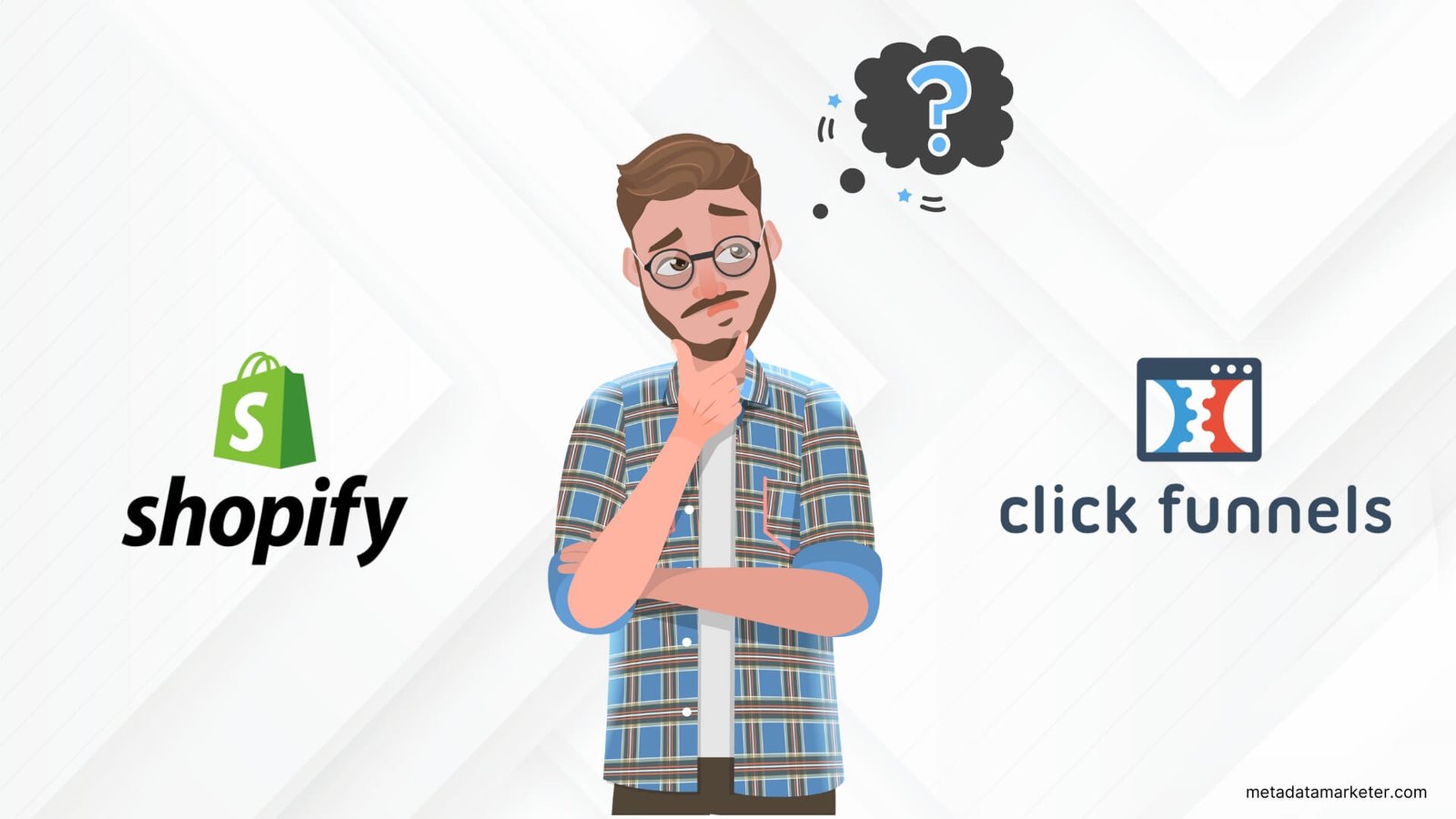 Man pondering a choice between Shopify and Clickfunnels.