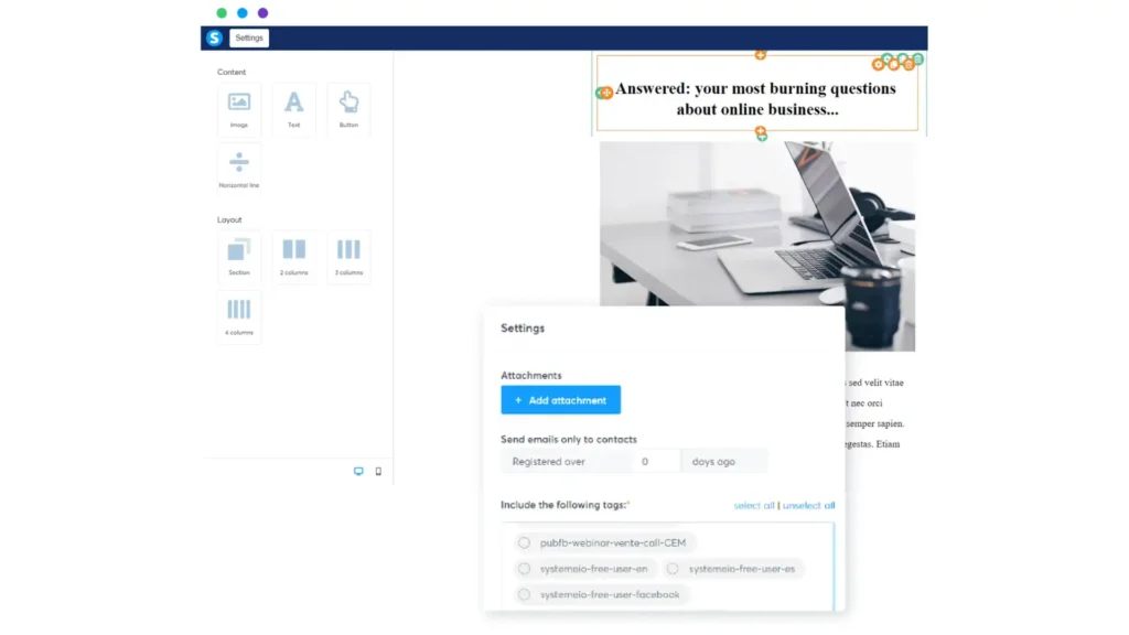 Systeme.io email campaign editor interface with content and settings options.