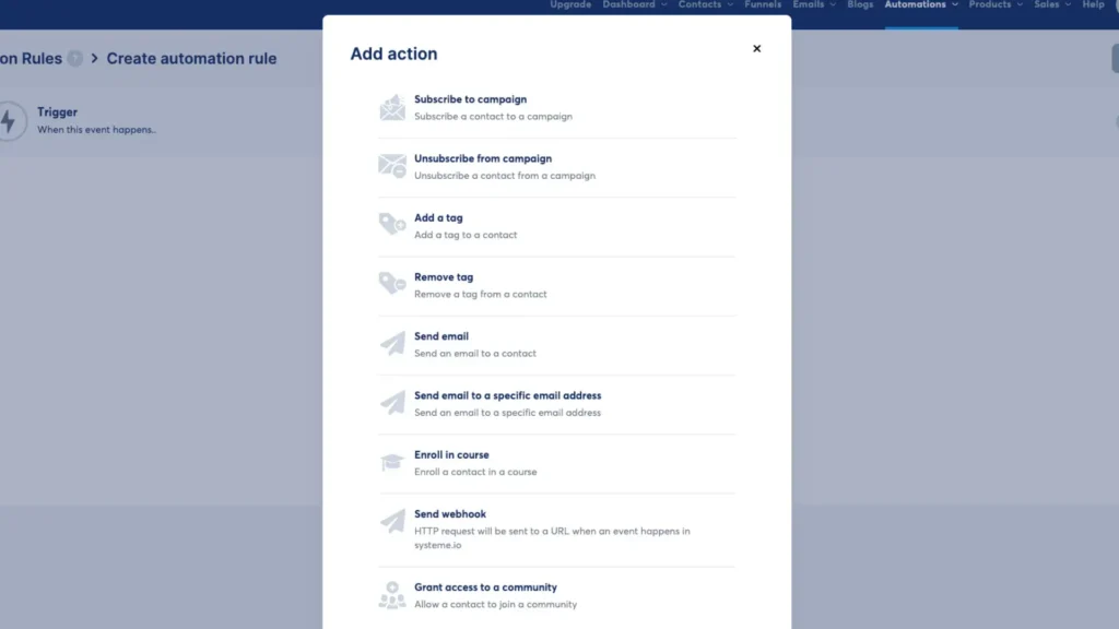 Screenshot of Systeme.io's automation rule creation interface.