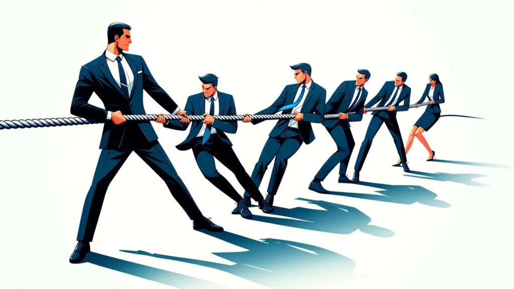 Illustration of business professionals in a tug of war, representing Systeme.io's competitive edge in market reviews.