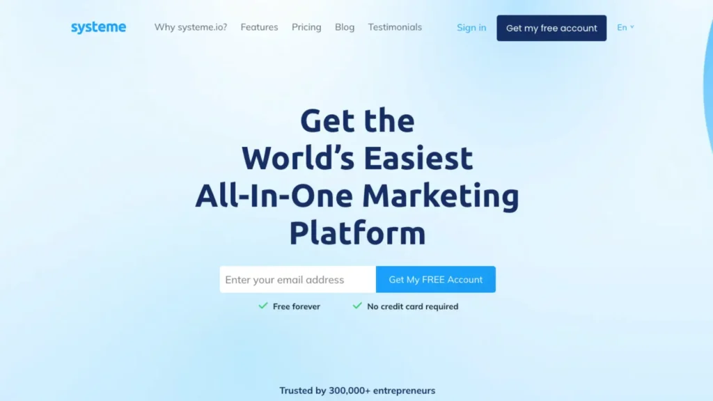 Screenshot of Systeme.io's sign-up page, highlighting the ease of getting a free marketing platform account.