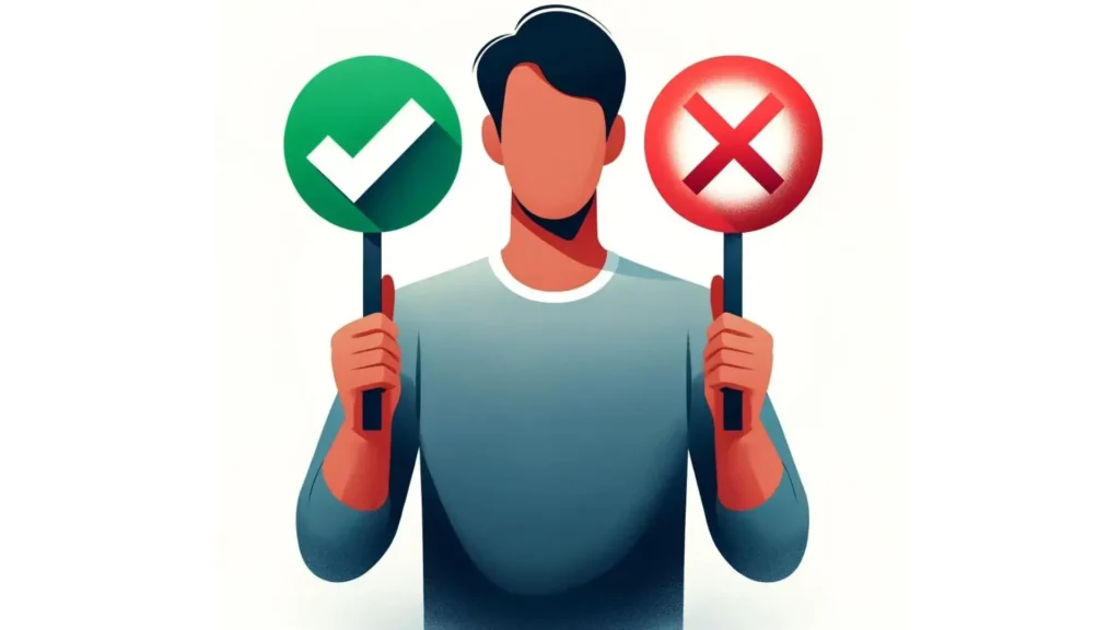 Person holding a green checkmark and red cross sign, symbolizing the pros and cons in a Systeme.io review.