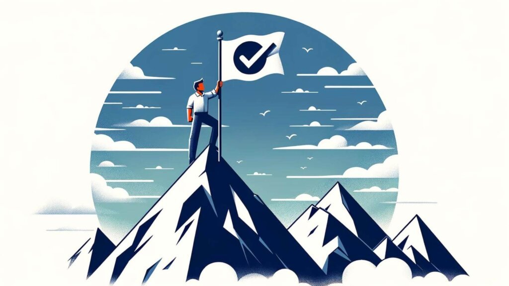 Illustration of a successful ascent to a mountain peak with a checkmark flag, symbolizing positive Systeme.io reviews.