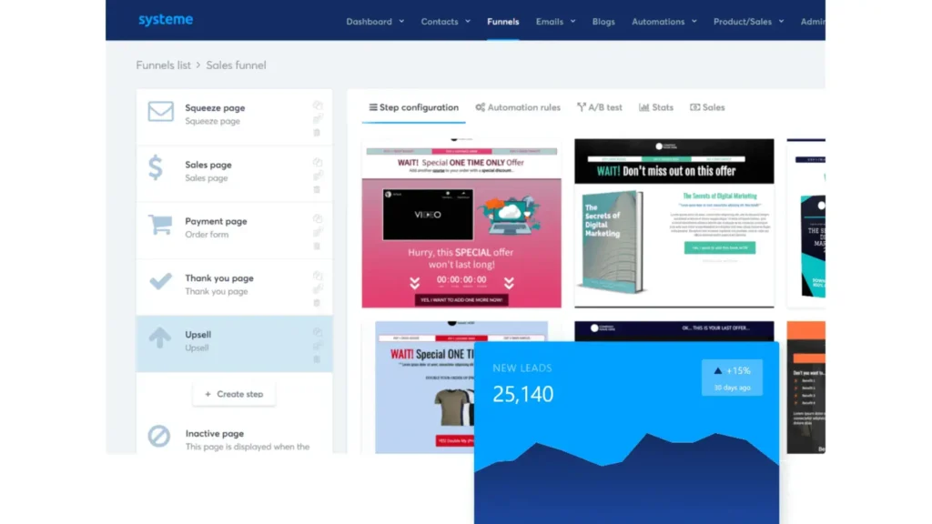  Interactive dashboard of Systeme.io showcasing the sales funnel feature.