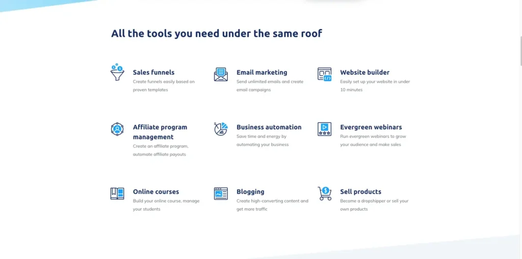 Overview of Systeme.io marketing tools including sales funnels, email marketing, and website builder.