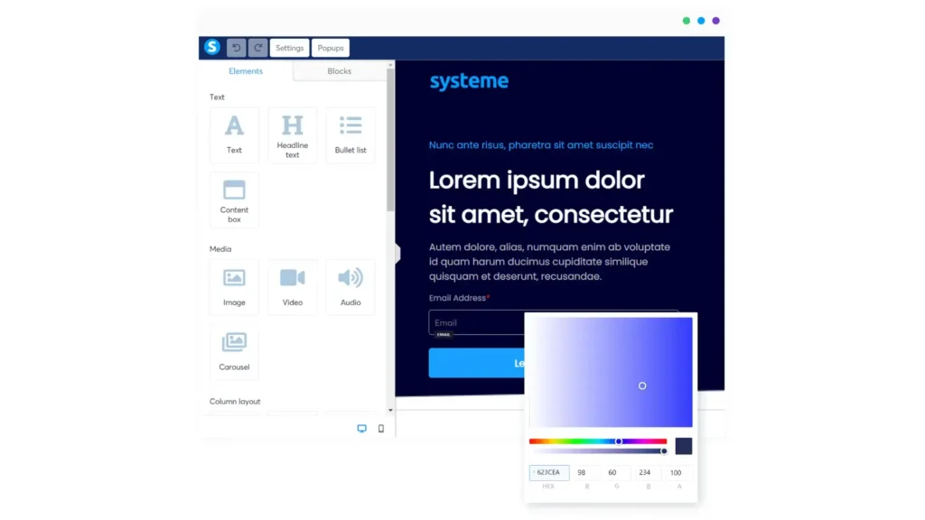 Systeme.io landing page editor showcasing the drag-and-drop interface and customization tools