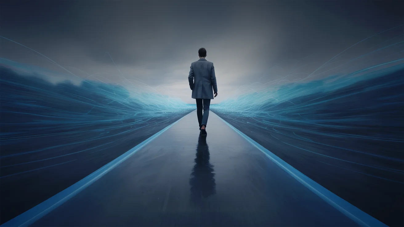 A strategist walking on a glowing blue path, representing the clarity AI for entrepreneurs provides in a complex digital world.