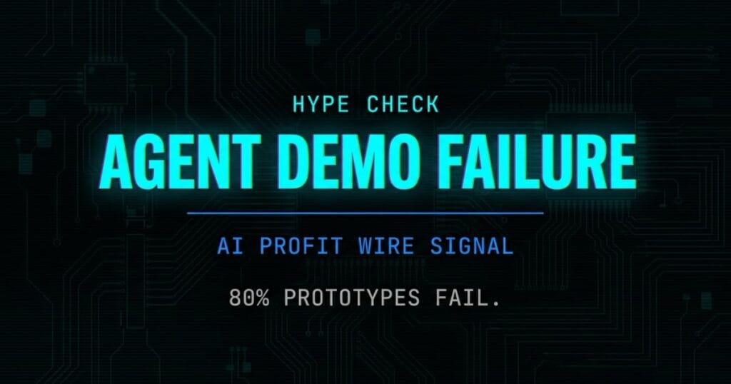 Agent demo failure rate hype check signal card from The AI Profit Wire showing 80 percent production failure in cyber-noir design
