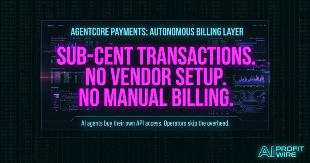 AgentCore Payments autonomous payment flow signal card from The AI Profit Wire showing stablecoin settlement architecture in cyber-noir design