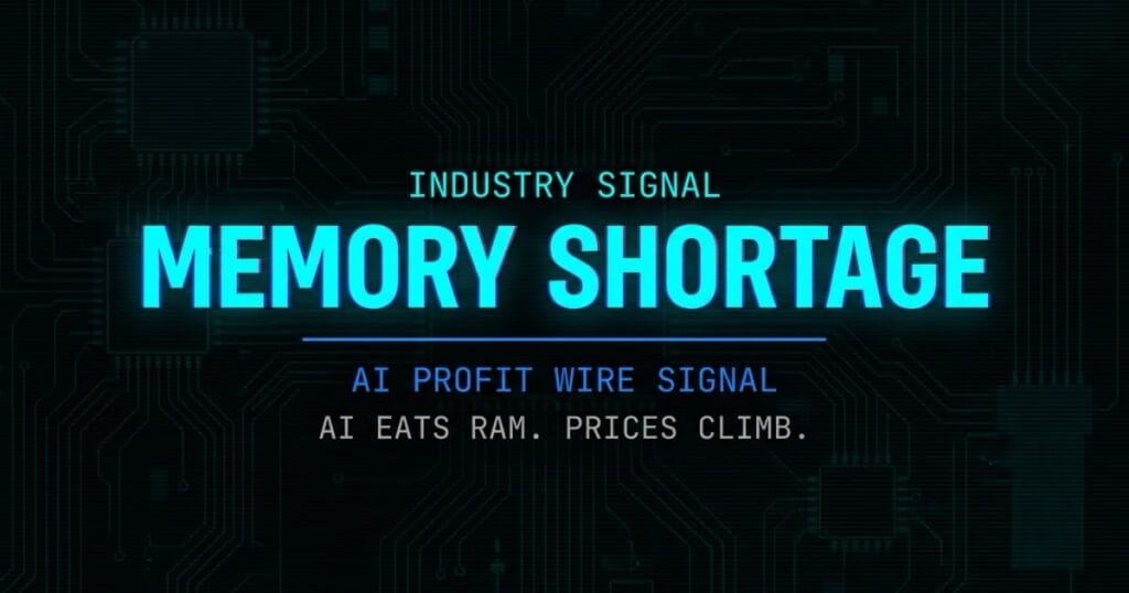 AI memory shortage signal from The AI Profit Wire showing hardware procurement cost increases from AI chip demand in cyber-noir design