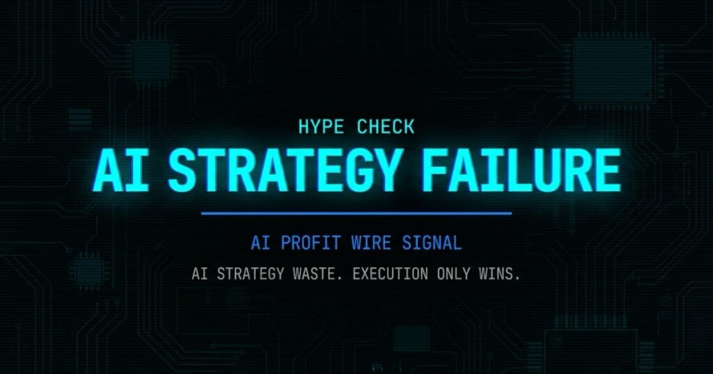 AI marketing strategy failure hype check signal card from The AI Profit Wire showing strategy waste execution only wins in cyber-noir design