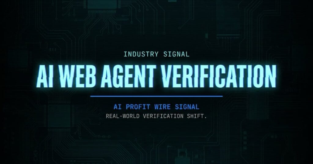 AI web agent verification industry signal card from The AI Profit Wire showing real-world verification shift in cyber-noir design