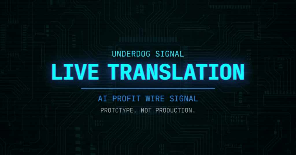 AirPods live translation underdog signal card from The AI Profit Wire showing OpenAI voice prototype status in cyber-noir design