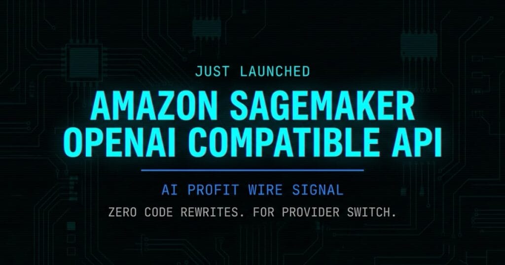Amazon SageMaker OpenAI compatible API breaking signal card from The AI Profit Wire showing zero code rewrites in cyber-noir design