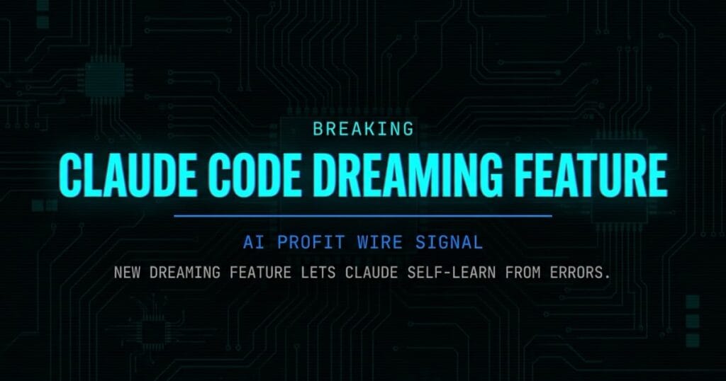Anthropic Claude Code dreaming feature signal card from The AI Profit Wire showing new self-learning capability in cyber-noir design text