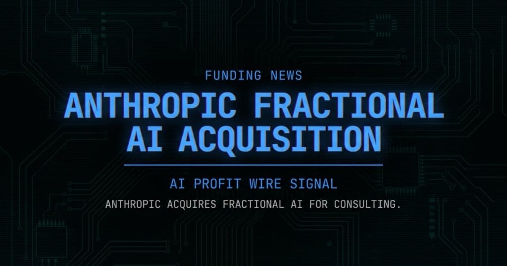 Anthropic Fractional AI acquisition funding signal card from The AI Profit Wire showing consulting arm launch in cyber-noir design