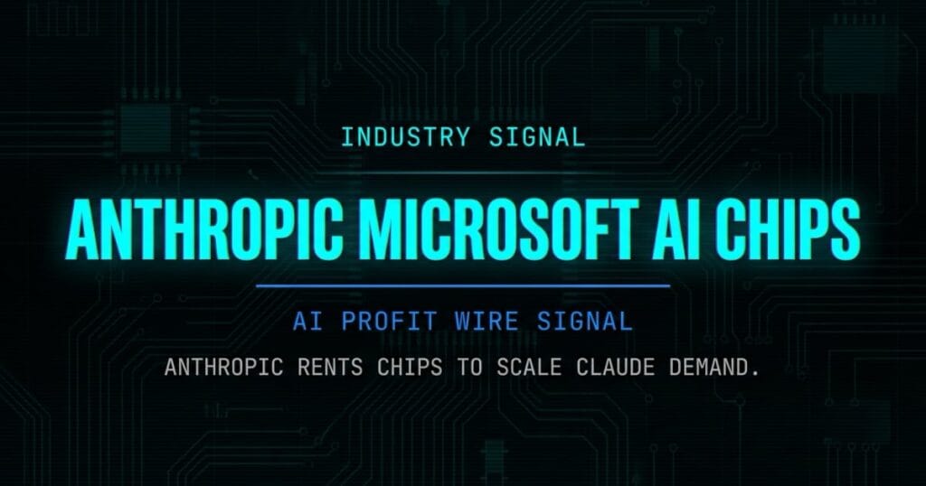Anthropic Microsoft AI chips industry signal card from The AI Profit Wire showing compute rental for Claude scaling in cyber-noir design