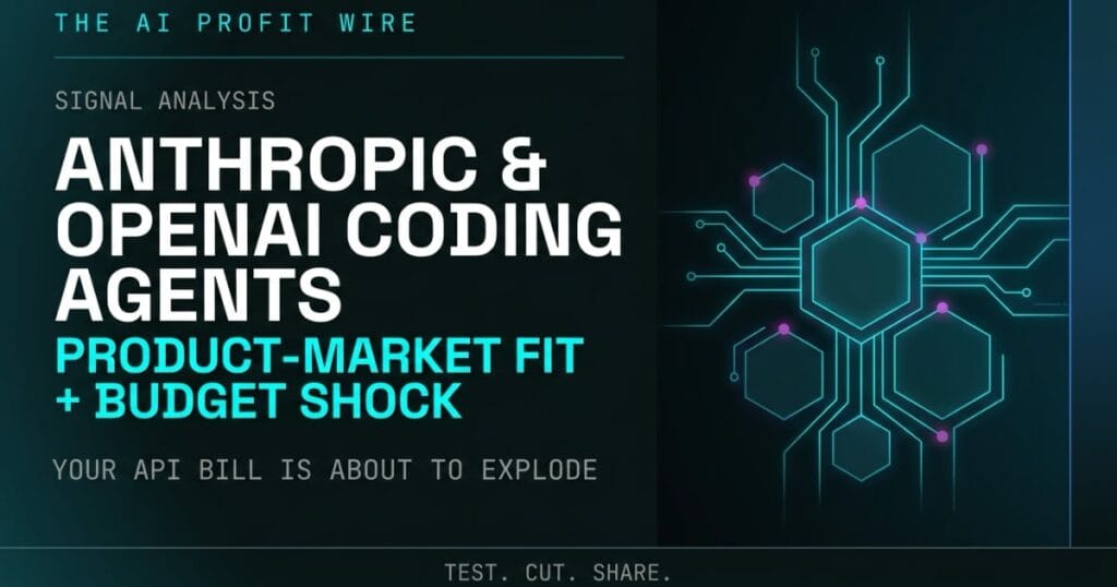 Anthropic and OpenAI coding agents product-market fit signal analysis featured image showing API cost shock warning. The AI Profit Wire by Metadata Marketer.