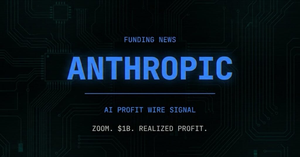 Anthropic funding signal from The AI Profit Wire showing Zoom's $1 billion realized profit in cyber-noir design
