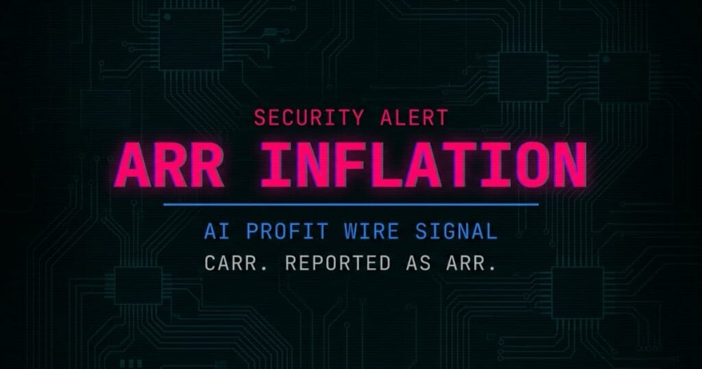 ARR inflation risk signal from The AI Profit Wire showing AI startups reporting fake revenue metrics in cyber-noir design