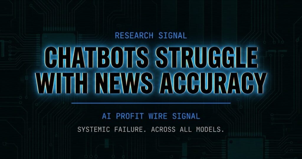 Chatbots struggle with news accuracy research signal card from The AI Profit Wire showing systemic failure across models in cyber-noir design