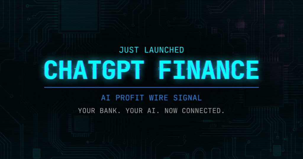 ChatGPT Plaid finance integration signal card from The AI Profit Wire showing real-time bank account analysis launch in cyber-noir design