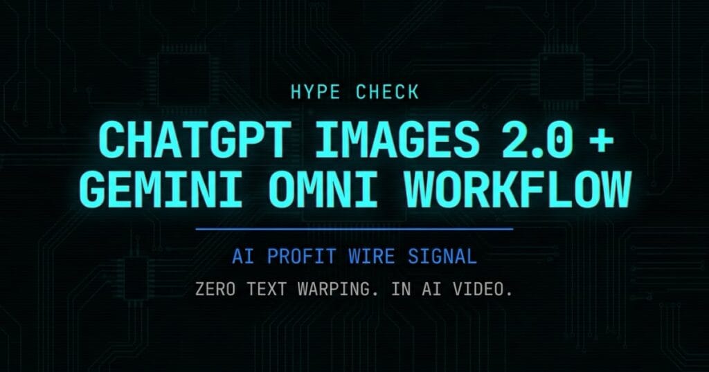 Cross-model workflow ChatGPT Images 2.0 Gemini Omni hype check signal card from The AI Profit Wire showing zero text warping in cyber-noir design