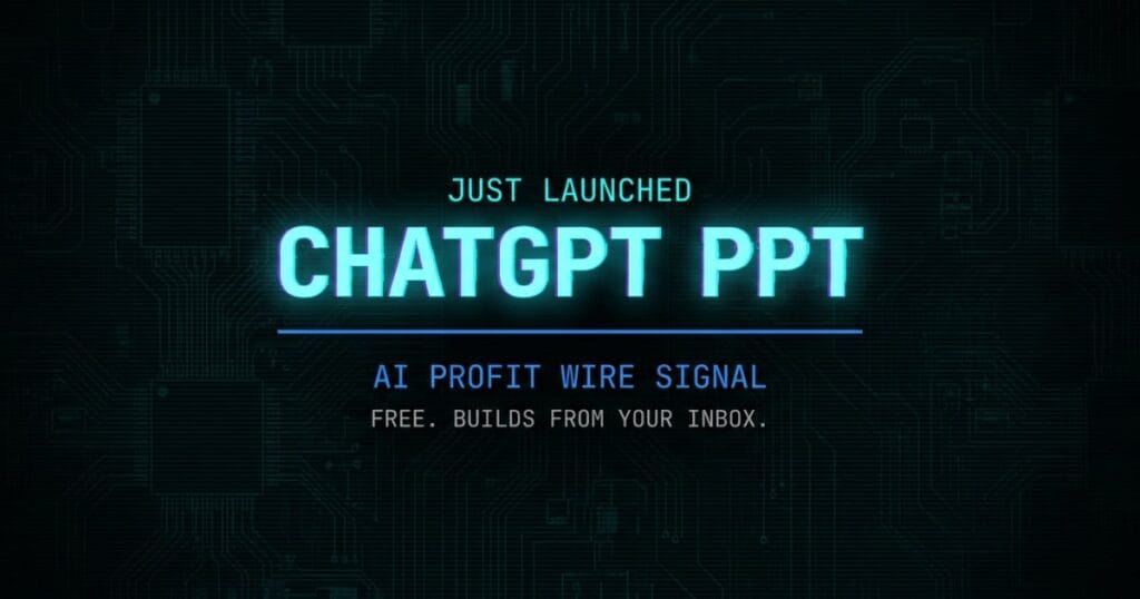 ChatGPT PowerPoint add-in breaking signal card from The AI Profit Wire showing free deck automation from inbox in cyber-noir design