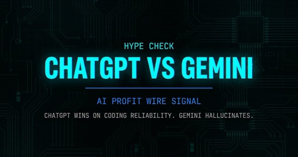 ChatGPT vs Gemini hype check signal card from The AI Profit Wire showing reliability gap in coding and data parsing in cyber-noir design