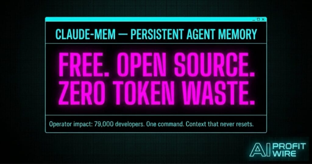 claude-mem persistent memory signal card from The AI Profit Wire showing free open-source agent memory tool in cyber-noir design