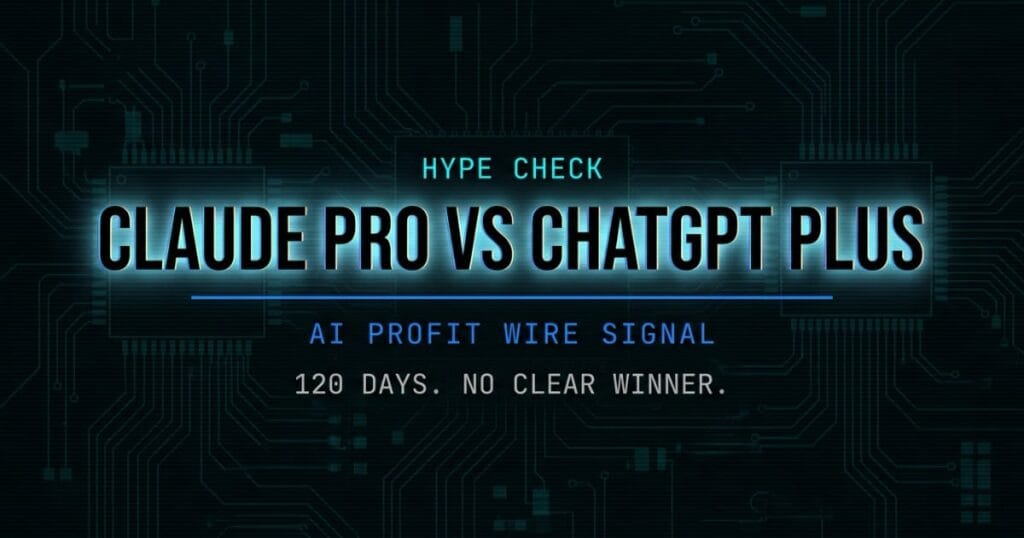 Claude Pro vs ChatGPT Plus hype check signal card from The AI Profit Wire showing 120 days no clear winner in cyber-noir design