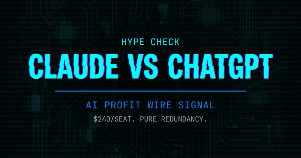 Claude vs ChatGPT hype check signal card from The AI Profit Wire showing AI subscription redundancy analysis in cyber-noir design.