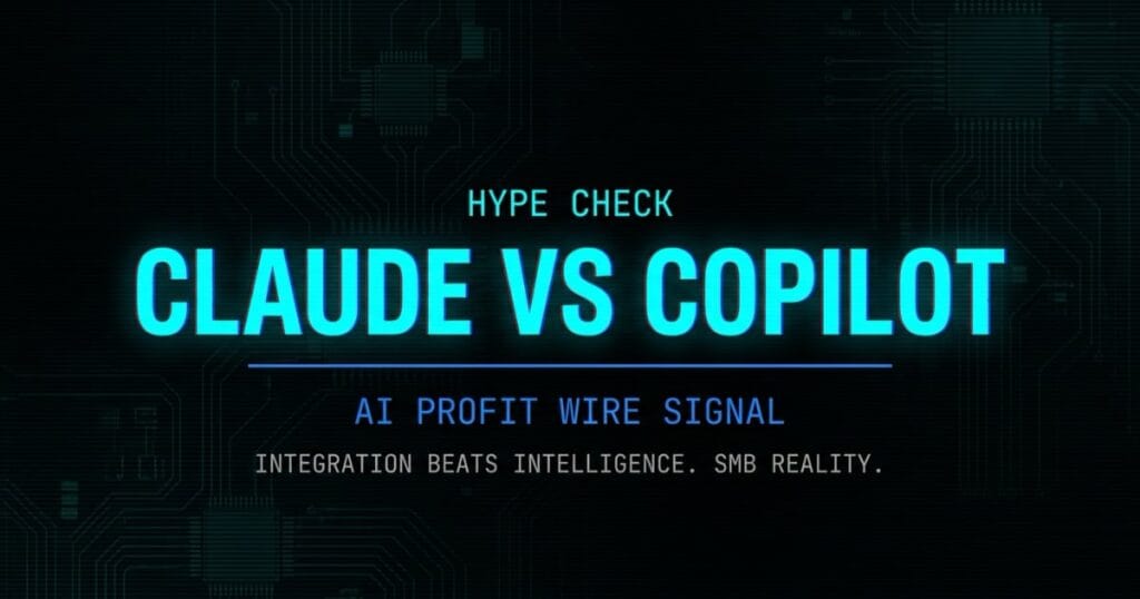 Claude Enterprise vs Copilot hype check signal card from The AI Profit Wire showing integration beats intelligence SMB reality in cyber-noir design
