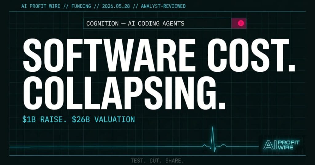 Cognition funding signal from The AI Profit Wire showing $1B raise at $26B valuation and software cost collapse in cyber-noir design