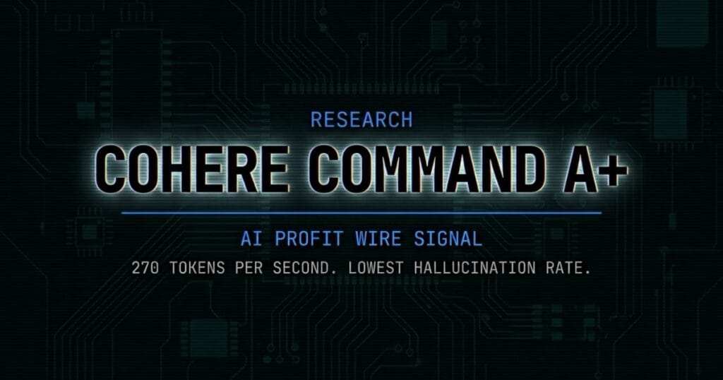Cohere Command A+ research signal card from The AI Profit Wire showing 270 tokens per second fastest open-weights model in cyber-noir design
