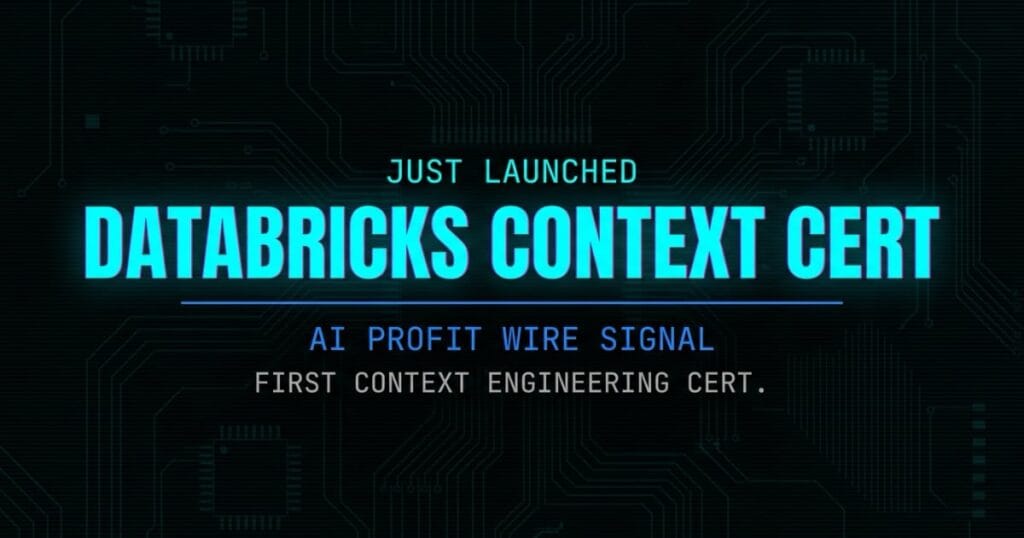 Databricks context engineering certification signal card from The AI Profit Wire showing first industry certification in cyber-noir design