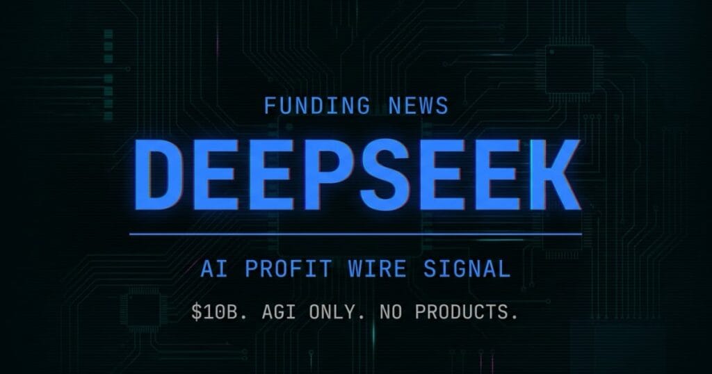 DeepSeek funding signal card from The AI Profit Wire showing 10 billion AGI research round announcement in cyber-noir design