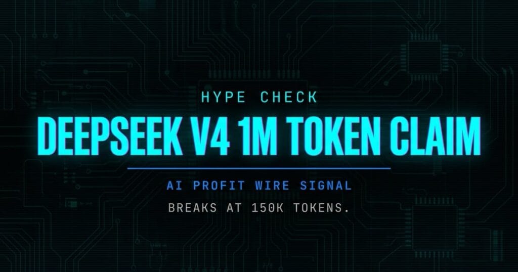 DeepSeek V4 context window hype check signal card from The AI Profit Wire showing 150k token breaking point in cyber-noir design