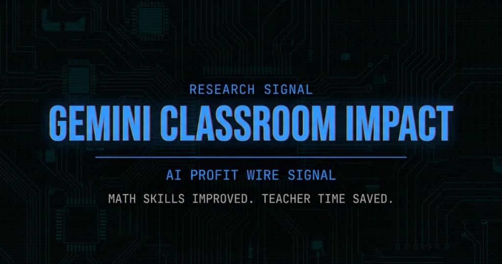 Gemini classroom impact research signal card from The AI Profit Wire showing math skills improved in verified cohorts in cyber-noir design