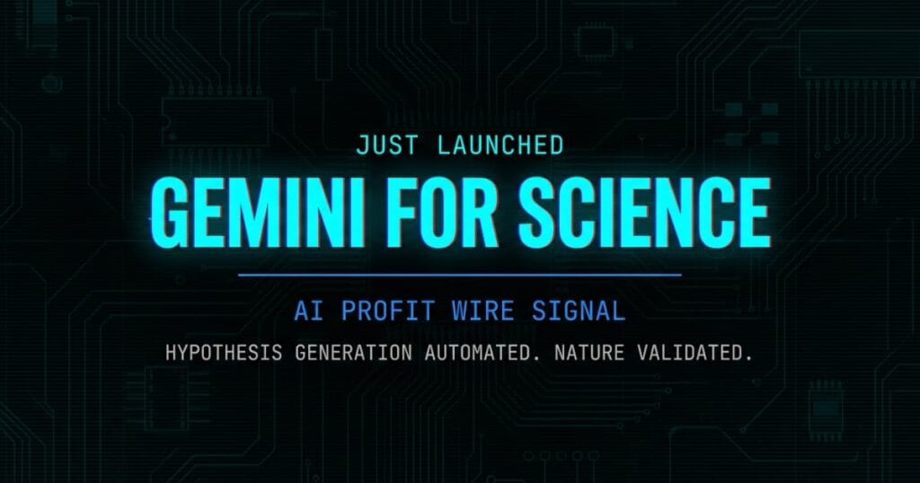 Gemini for Science R&D signal card from The AI Profit Wire showing hypothesis generation automated Nature validated in cyber-noir design