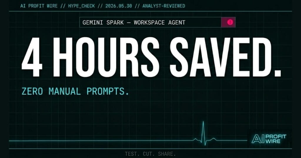 Gemini Spark hype_check signal card from The AI Profit Wire showing 4 hours admin time saved in cyber-noir design