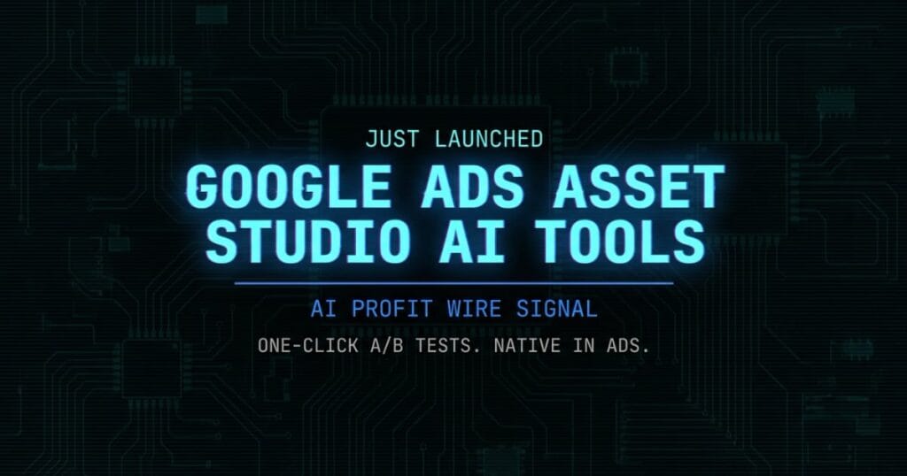 Google Ads Asset Studio AI multimodal generation breaking signal card from The AI Profit Wire showing one-click A/B tests in cyber-noir design